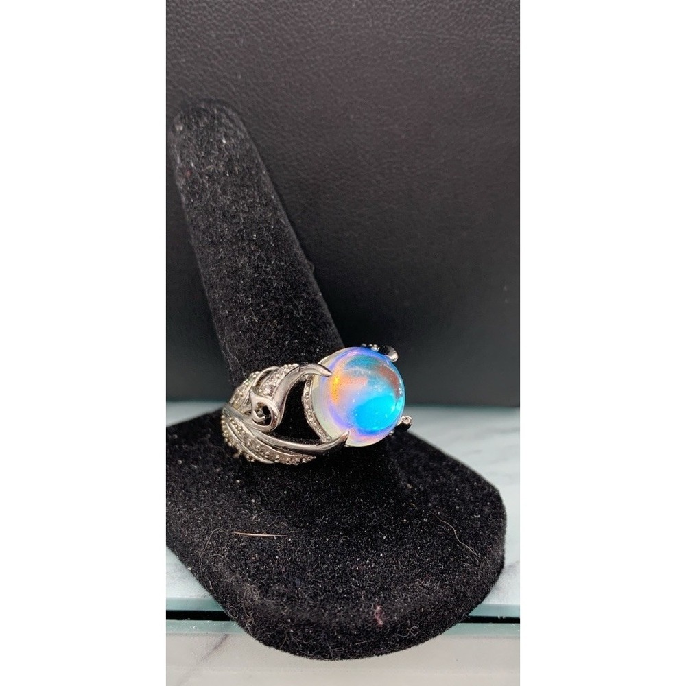 Silver Tone Iridescent Color Changing Faux Moon Stone Swan Angel Wings Ring 7.5 - Picture 2 of 6